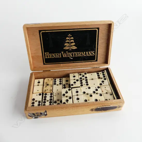 CIGAR BOX FULL OF OLD BONE DOMINOES (27)