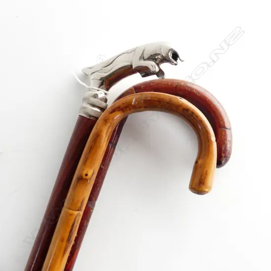 THREE WALKING STICK: 2 BAMBOO + 1 ROSEWOOD WITH LEAPING JAGUAR HANDLE