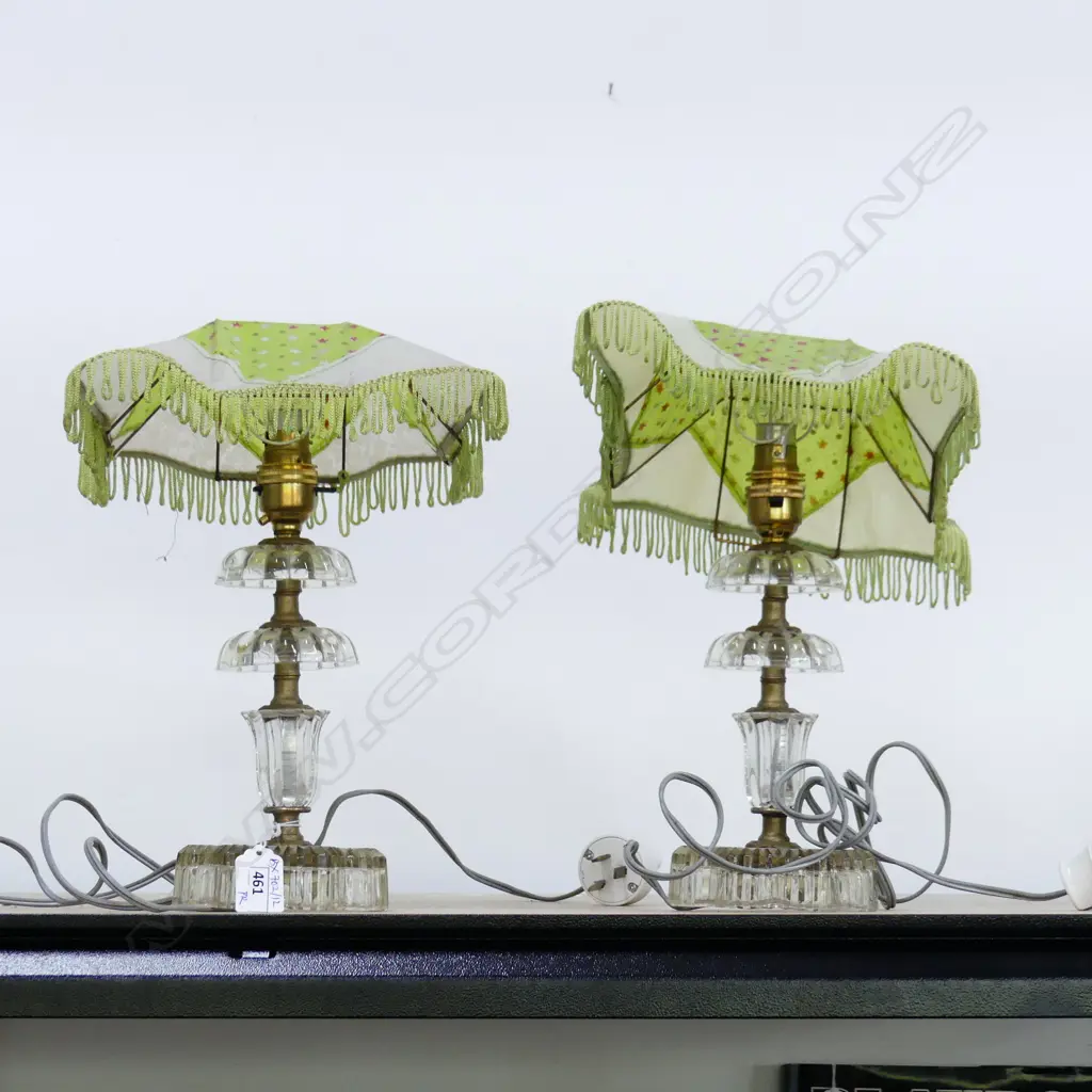 PR VINTAGE CRYSTAL LAMPS w. GREEN SHADES H.300mm Image 1++