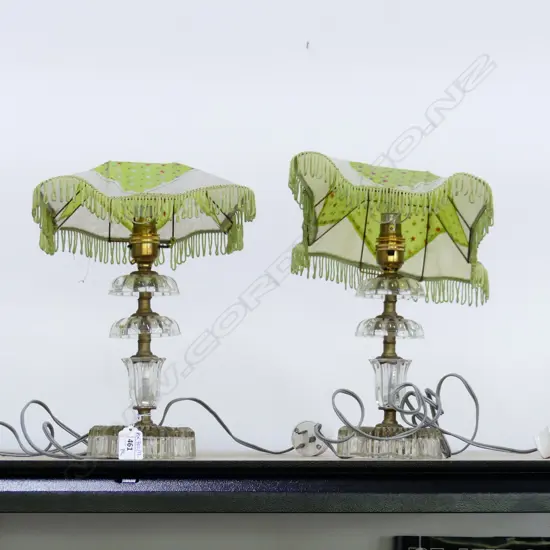PR VINTAGE CRYSTAL LAMPS w. GREEN SHADES H.300mm