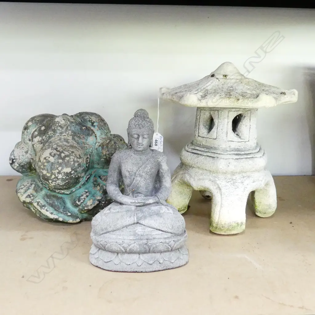 3 CONCRETE GARDEN PCES; PAGODA H.260mm, BUDDHA, CROUCHING MAN Image 1++