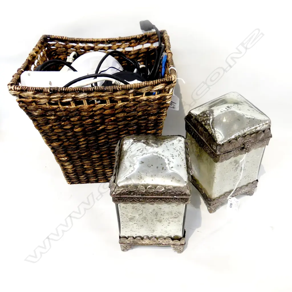 BX OF ELETRICAL ITEMS AND 2 CHROMED CONTAINERS ON STANDS. Image 1++