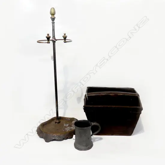 WOODEN JAPANESE BUCKET,STICK STAND & PEWTER TANKARD.