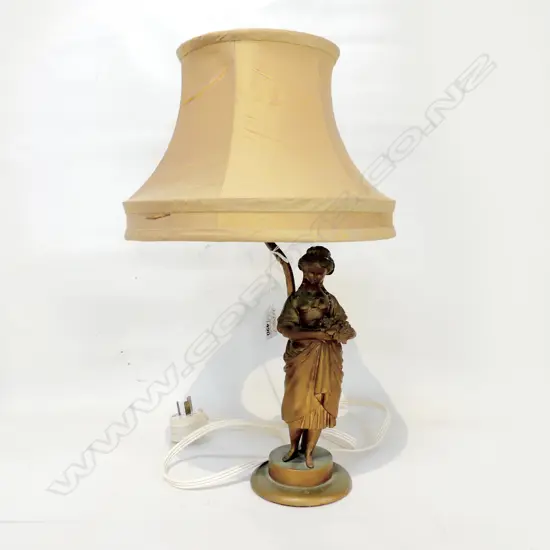 EARLY 20THC METAL LADY LAMP, AS FLOWER SELLER, STANDING IN FRONT OF LAMP STAND (DISATTACHED) WITH ORIGINAL SHADE, H.340m