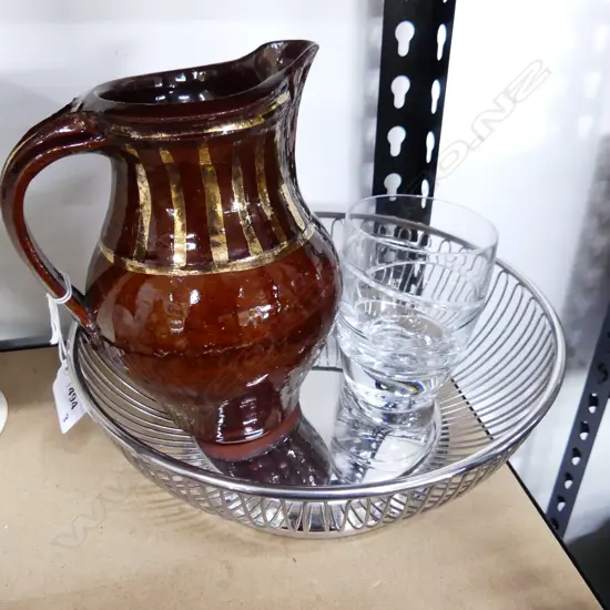 3 PCES; WATERFORD WATER GLASS, ALESSI FRUIT BOWL 250mm dia, JANINE SCHENKEL TERRACOTTA JUG w. GOLD TRIM H.180mm