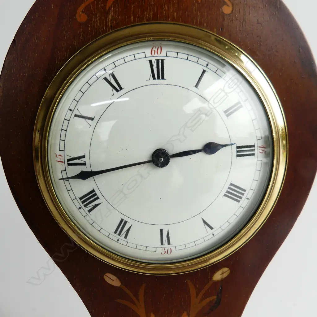 EDWARDIAN SHERATON REVIVAL INLAID DRESSING TABLE CLOCK, WITH FLORAL DETAIL IN BOXWOOD, ON BRASS FEET, H. 280mm Image 1++