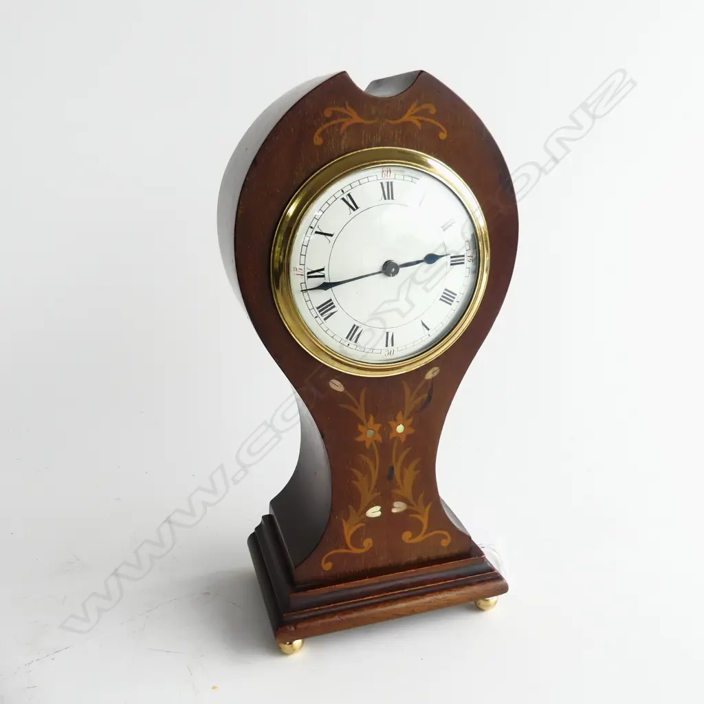 EDWARDIAN SHERATON REVIVAL INLAID DRESSING TABLE CLOCK, WITH FLORAL DETAIL IN BOXWOOD, ON BRASS FEET, H. 280mm Image 1++