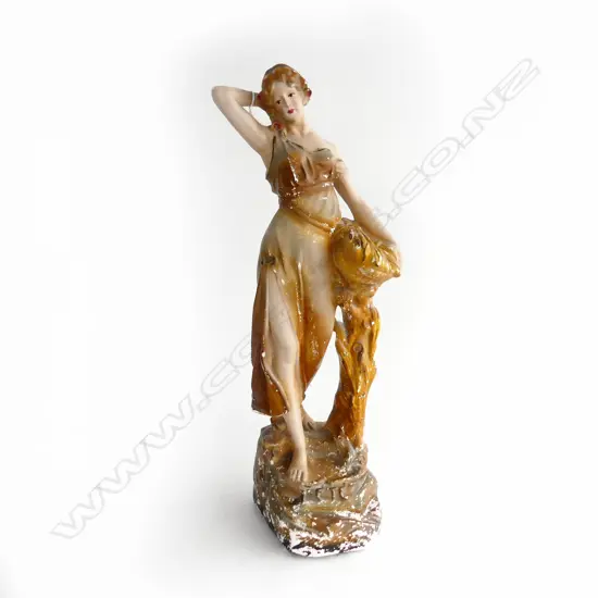 LARGE c.1900 PLASTER FIGURE OF WOMAN IN FLOWING DRESS, 'L'ETE' TO THE FRONT, HANDPAINTED WITH SOME LOSS, H.675mm