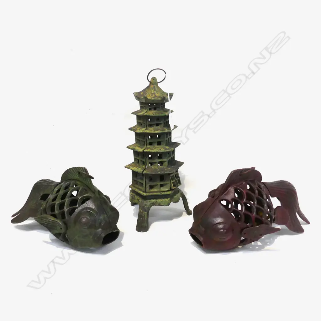 TWO CAST IRON GOLDFISH + PAGODA Image 1++