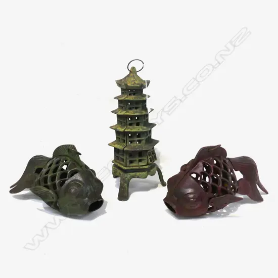 TWO CAST IRON GOLDFISH + PAGODA