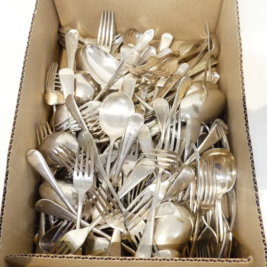 BIG BOX LOT ASST VINTAGE SILVER PLATE FLATWARE, SPOONS & FORKS Image 1++