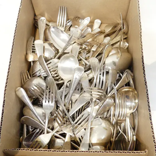 BIG BOX LOT ASST VINTAGE SILVER PLATE FLATWARE, SPOONS & FORKS