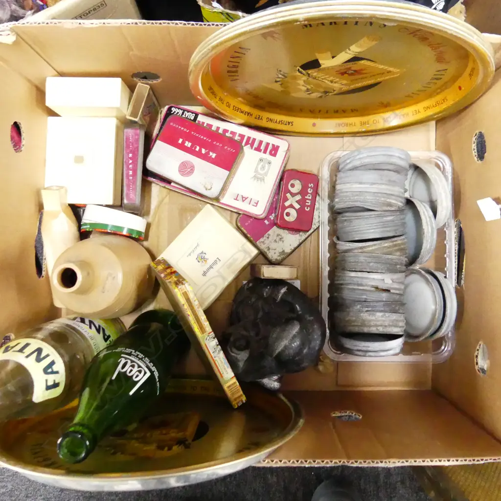 BOX – 4 MARTINS TRAYS, AGEE MILK GLASS LIDS, TOBACCO TINS ETC, VINTAGE BOTTLES, CANADIAN SCULPTURE Image 1++