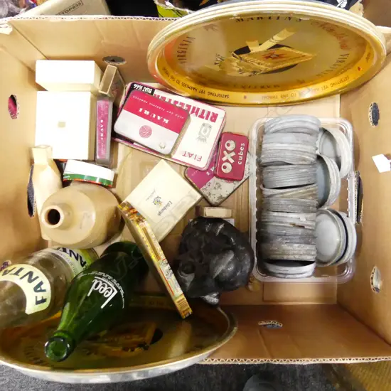 BOX – 4 MARTINS TRAYS, AGEE MILK GLASS LIDS, TOBACCO TINS ETC, VINTAGE BOTTLES, CANADIAN SCULPTURE