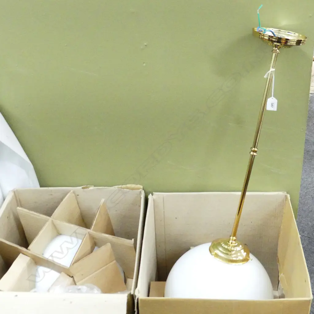 FOUR LG WHITE BALL GLASS PENDANT LIGHTS, GOLD TONE STEM H. 850mm (each new in box) Image 1++