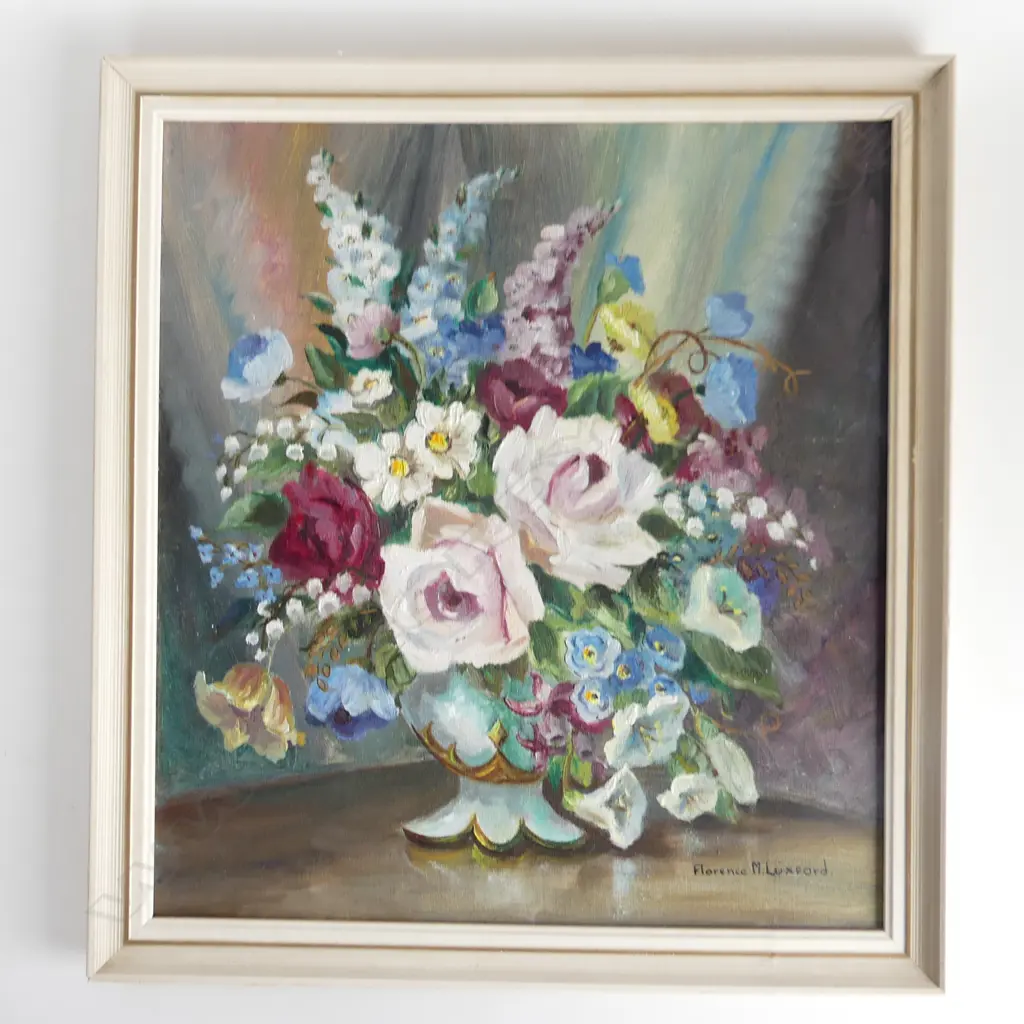 FLORENCE M. LUXFORD STILL LIFE OIL IN FRAME NZ ARTIST 450X 420mm Image 1++