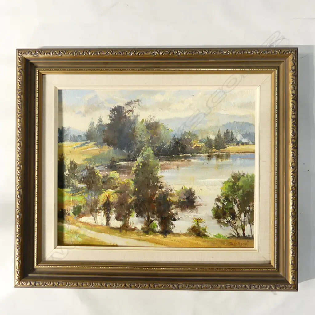 DON R. NEILSON (NZ 1924-2013) LAKE LANDSCAPE, OIL ON BOARD 395x495mm Image 1++