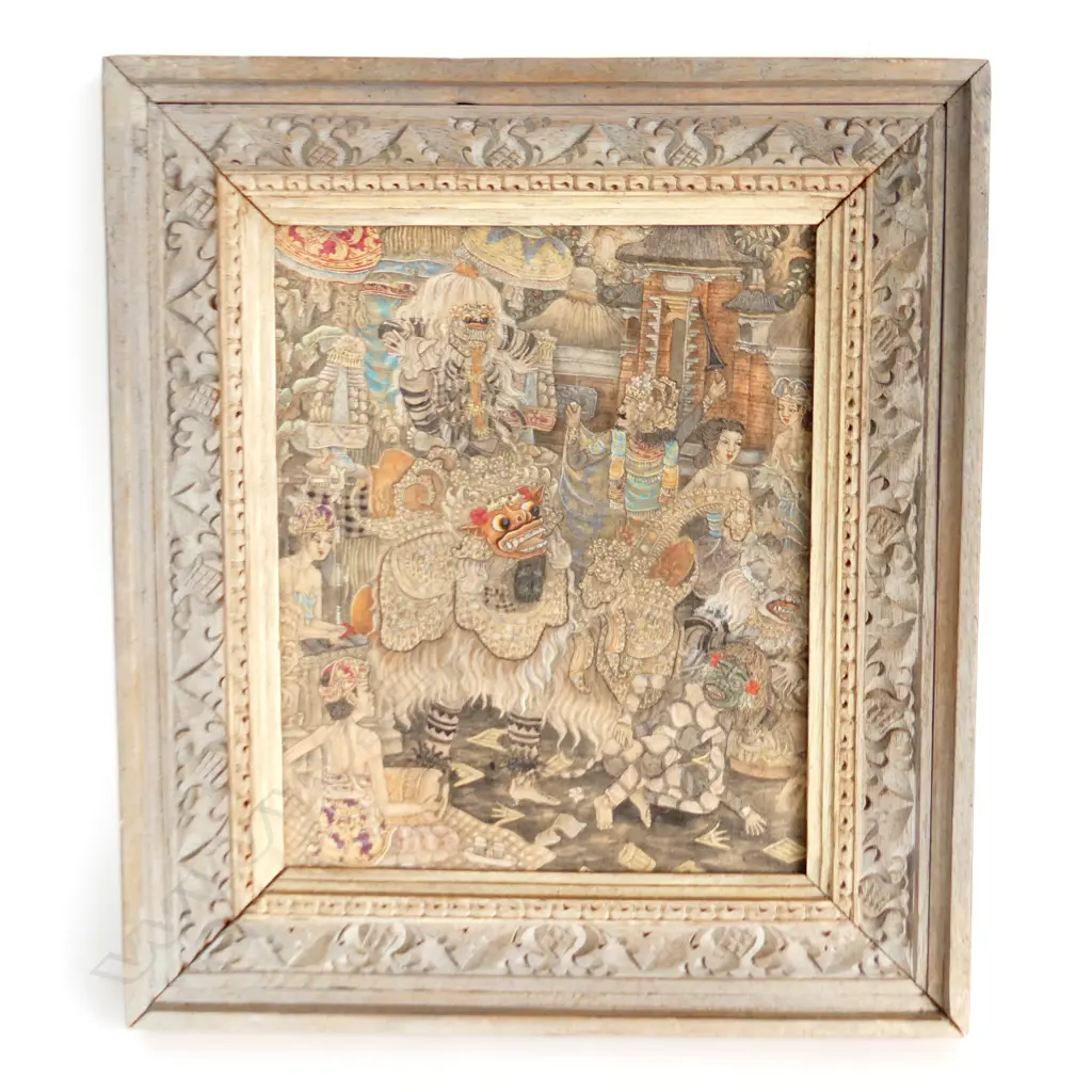 VINTAGE DETAILED BALINESE PAINTING ON CANVAS, 345 X 250mm Image 1++