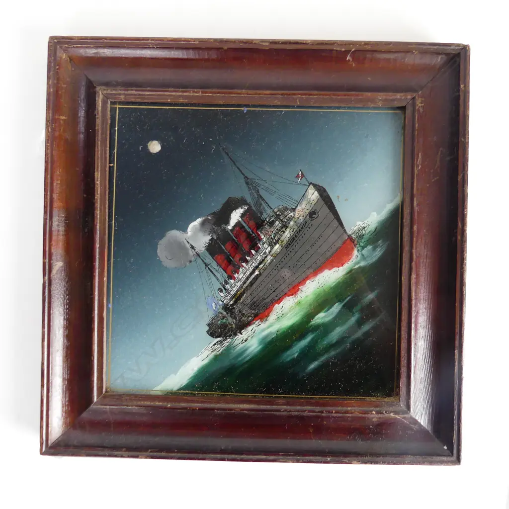 ANTIQUE FRAMED MAURETANIA SHIP HAND PAINTED ON GLASS, CUNARD LINE 300mm X 300mm Image 1++