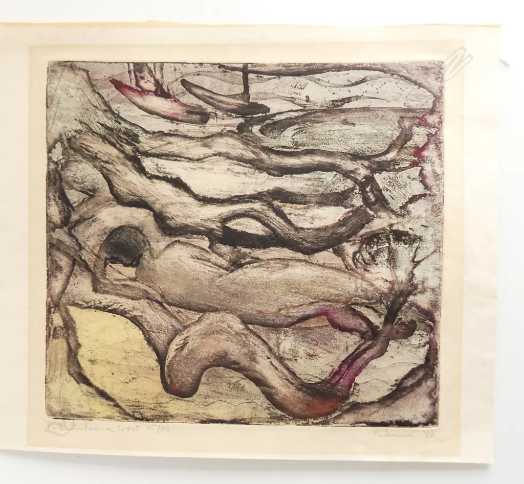 ALISON PICKMERE (1909-1971) 1966 NUMBERED ETCHING POHUTUKAWA COAST SIGNED. 360 x 410mm Image 1++