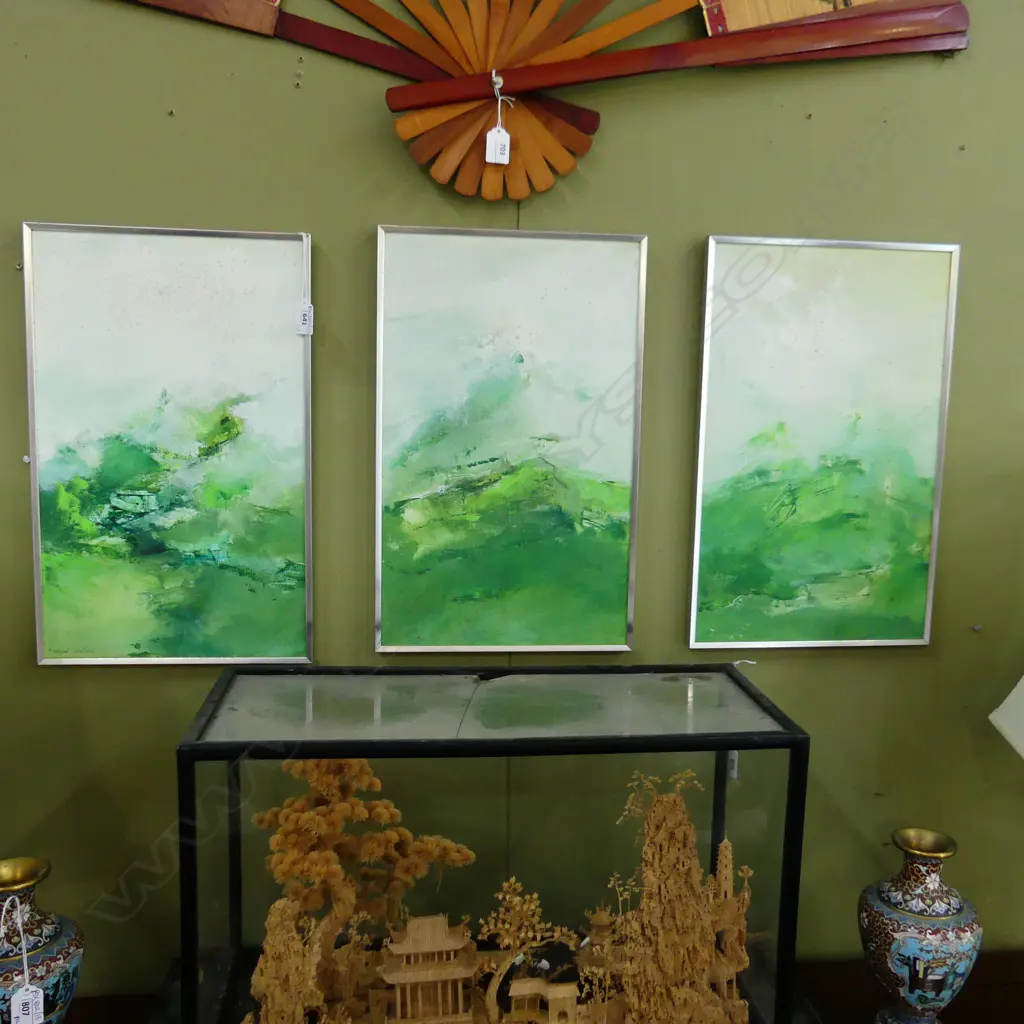 MARGARET WOOLLEY, GREEN TRIPTYCH, ACYLIC ON BOARD, 445x270mm each Image 1++