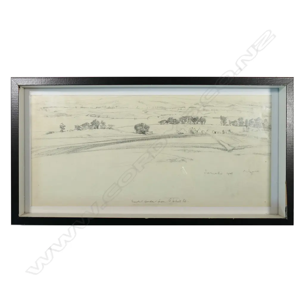 RON TIZARD, ‘TAMAKI, MARKET GARDENS FROM ST JOHNS RD’, 1926, PENCIL SKETCH, SIGNED,  370 X 160mm Image 1++