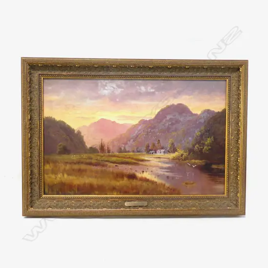 SIGNED COLONIAL TWILIGHT LANDSCAPE, OIL ON BOARD 360x570mm...