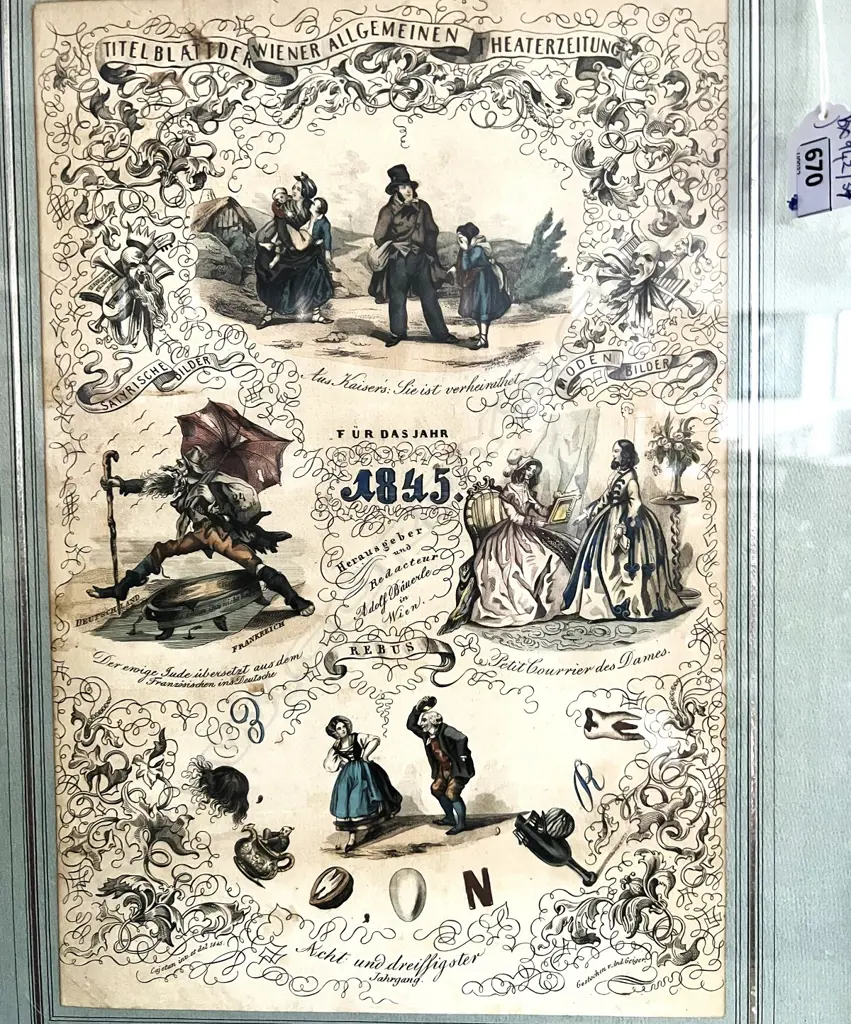 1845 GERMAN AQUATINT ENGRAVING THEATRE ADVERTISING 'TITELBLATT DER VIENER ALL ... 335x235mm Image 1++