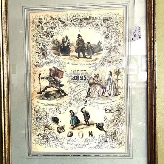 1845 GERMAN AQUATINT ENGRAVING THEATRE ADVERTISING 'TITELBLATT DER VIENER ALL ... 335x235mm