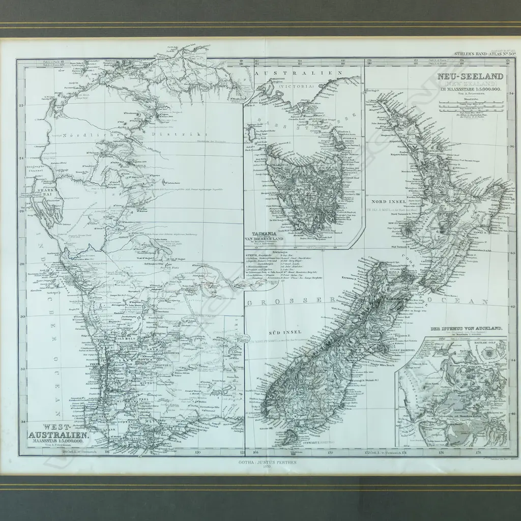 ANTIQUE 1870 STEILER'S HAND-ATLAS No.50 'WESTERN AUSTRALIEN - NEU-SEELAND' MAP, 365 x 430mm Image 1++