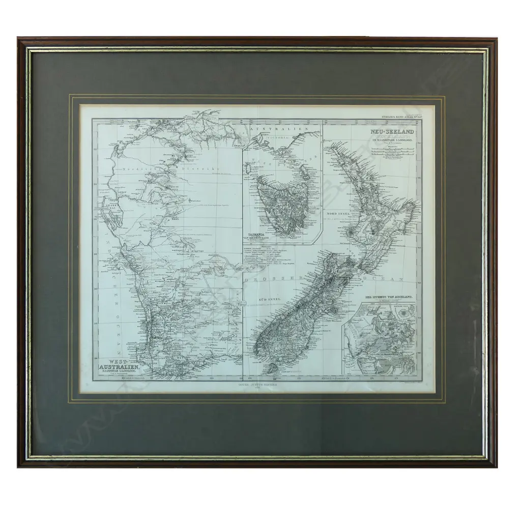 ANTIQUE 1870 STEILER'S HAND-ATLAS No.50 'WESTERN AUSTRALIEN - NEU-SEELAND' MAP, 365 x 430mm Image 1++