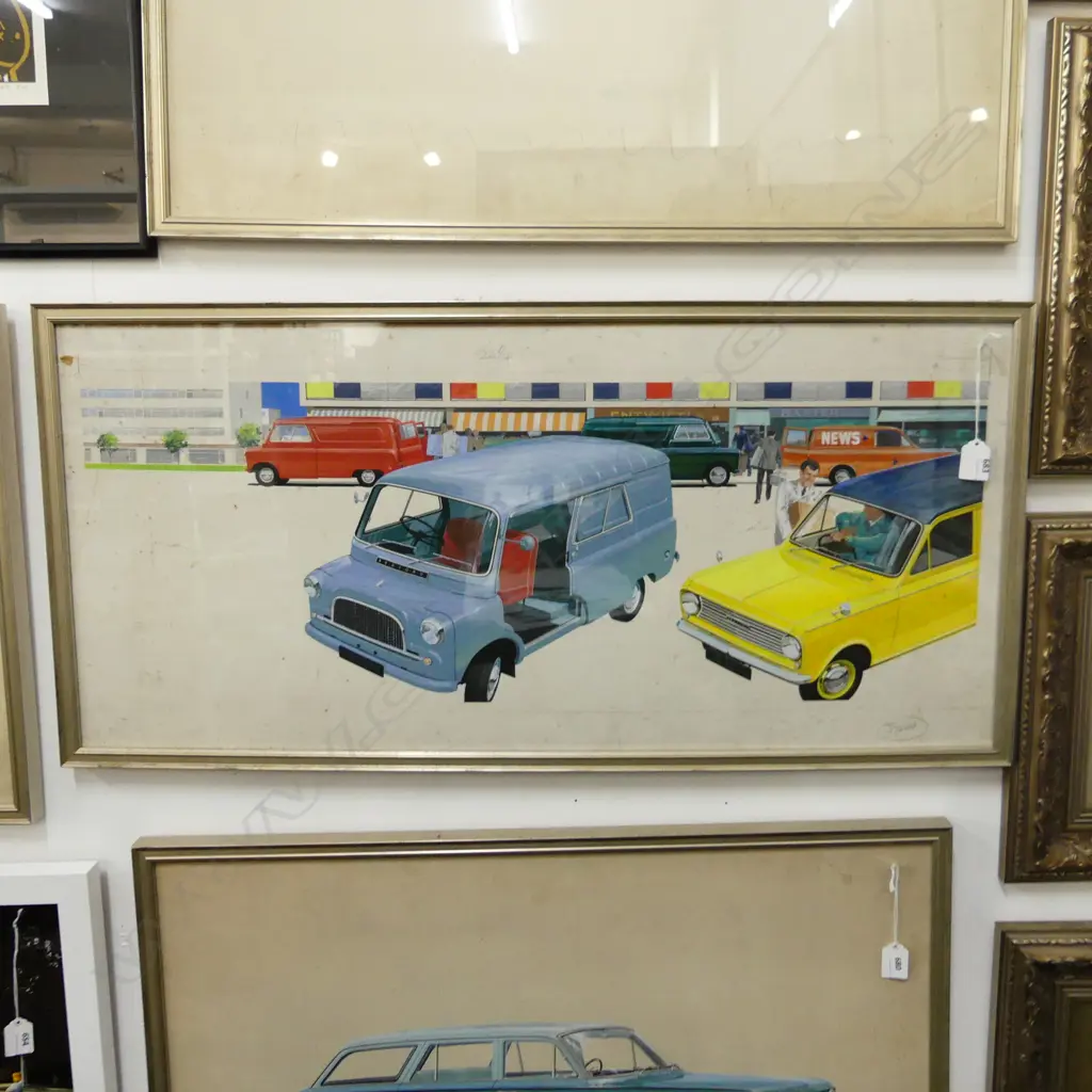 ORIGINAL GOUACHE ON PAPER AUTOMOBILE ILLUSTRATION FOR CAR MAGAZINE; 1960s BEDFORD VANS 390x855mm Image 1++