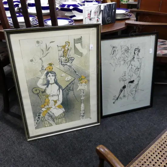 2 BELE BACHEM SIGNED PRINTS, WOMEN WITH DOGS, 740x530mm