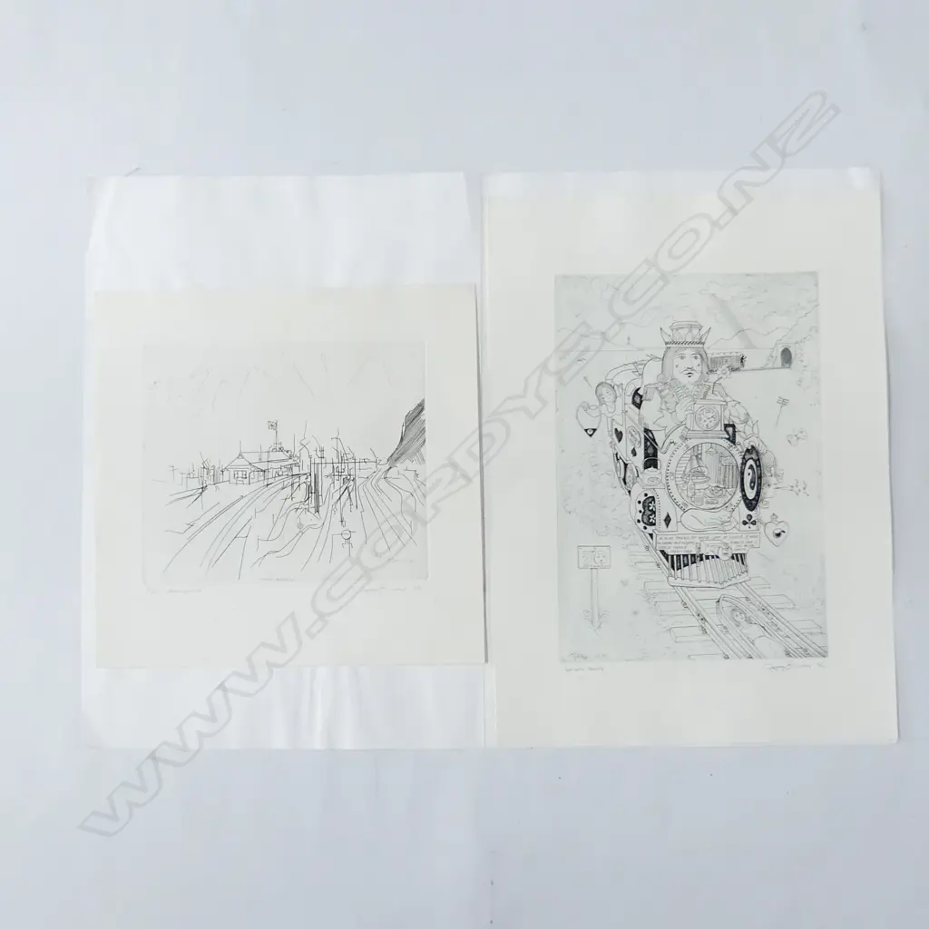 2 GARY TRICKER SIGNED ETCHINGS; PETONE RAILWAY '76 1/30 2nd ED. 205x245mm & OTIRA TRAIN A/P '76 335x230mm UNFRAMED  Image 1++