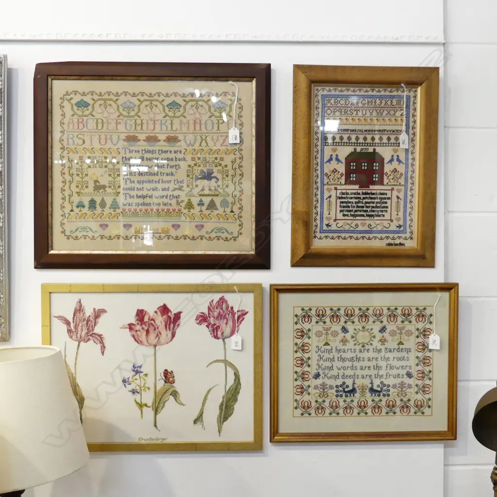 4 FRAMED EMBROIDERED ARTWORKS; 3 SAMPLER POEMS 390x460mm + TULIPS 350x470mm Image 1++