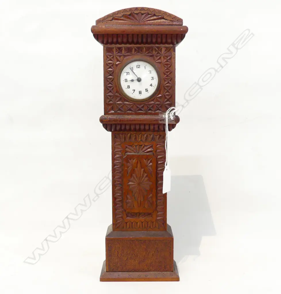 NZ COLONIAL CHIP ART CARVED SMALL LONGCASE CLOCK H.370mm 1 small pce of molding absent. Working  Image 1++