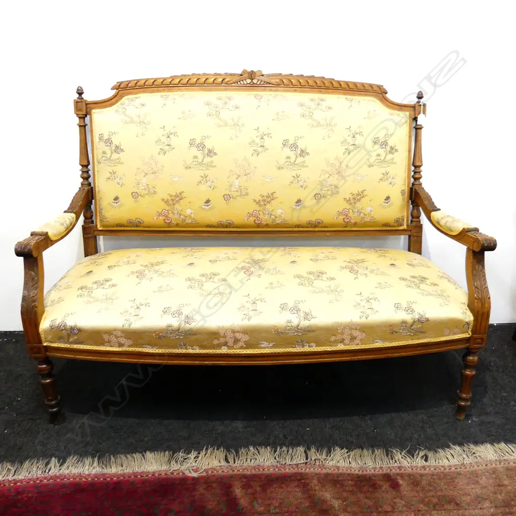 SWEDISH FRENCH STYLE WOODEN CARVED COUCH WITH ANTIQUE FABRIC L.1300MM H.100MM Image 1++
