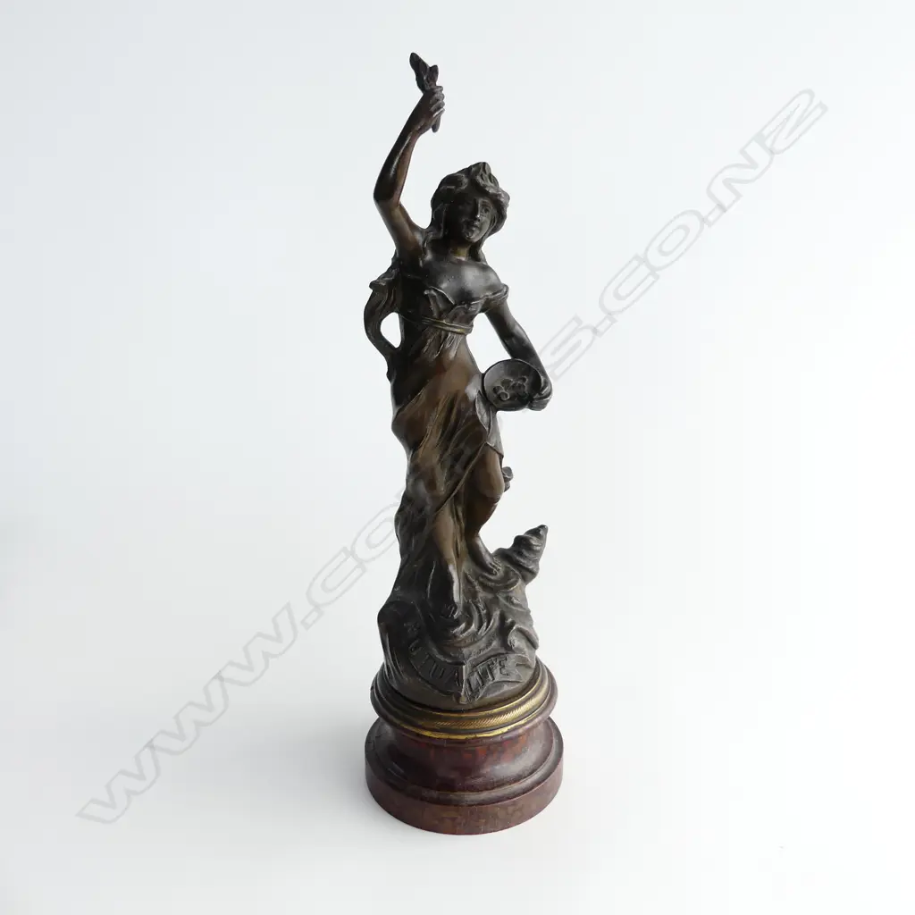 VICTORIAN BRONZED SPELTER FIGURE OF A WOMAN, WITH ‘MUTUA LITE’ON BASE SCROLL. H 41.5CM, W 12CM Image 1++