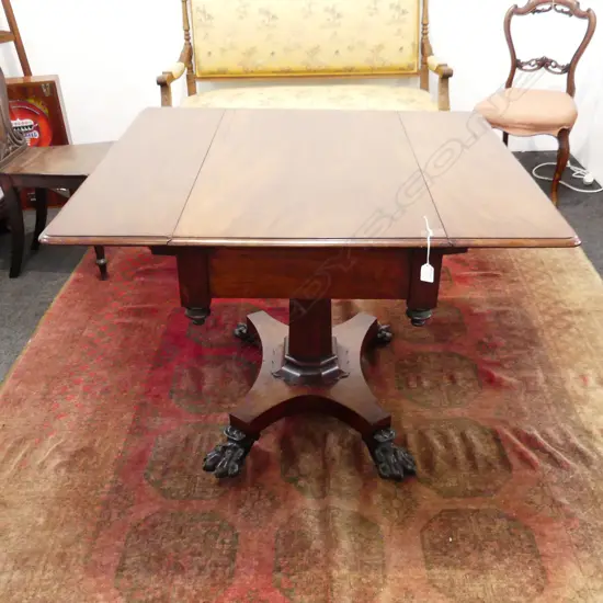 REGENCY MAHOGANY DROP SIDE TABLE ON QUATREFOIL PLINTH & CLAW FEET 915x530x730mm