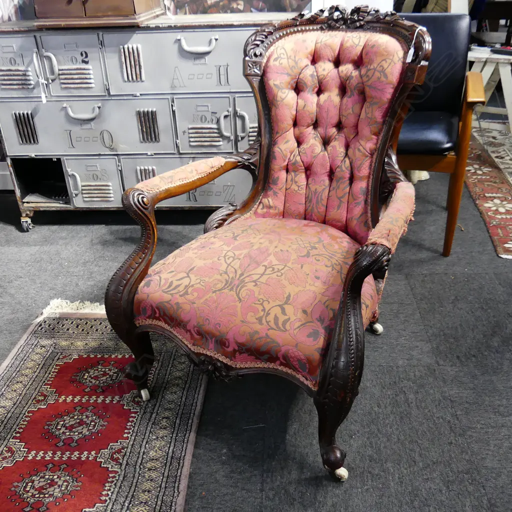 VICTORIAN CARVED WALNUT GRANDFATHER ARMCHAIR FRENCH STYLE UPHOLSTERY WITH SMALL FAULTS  Image 1++