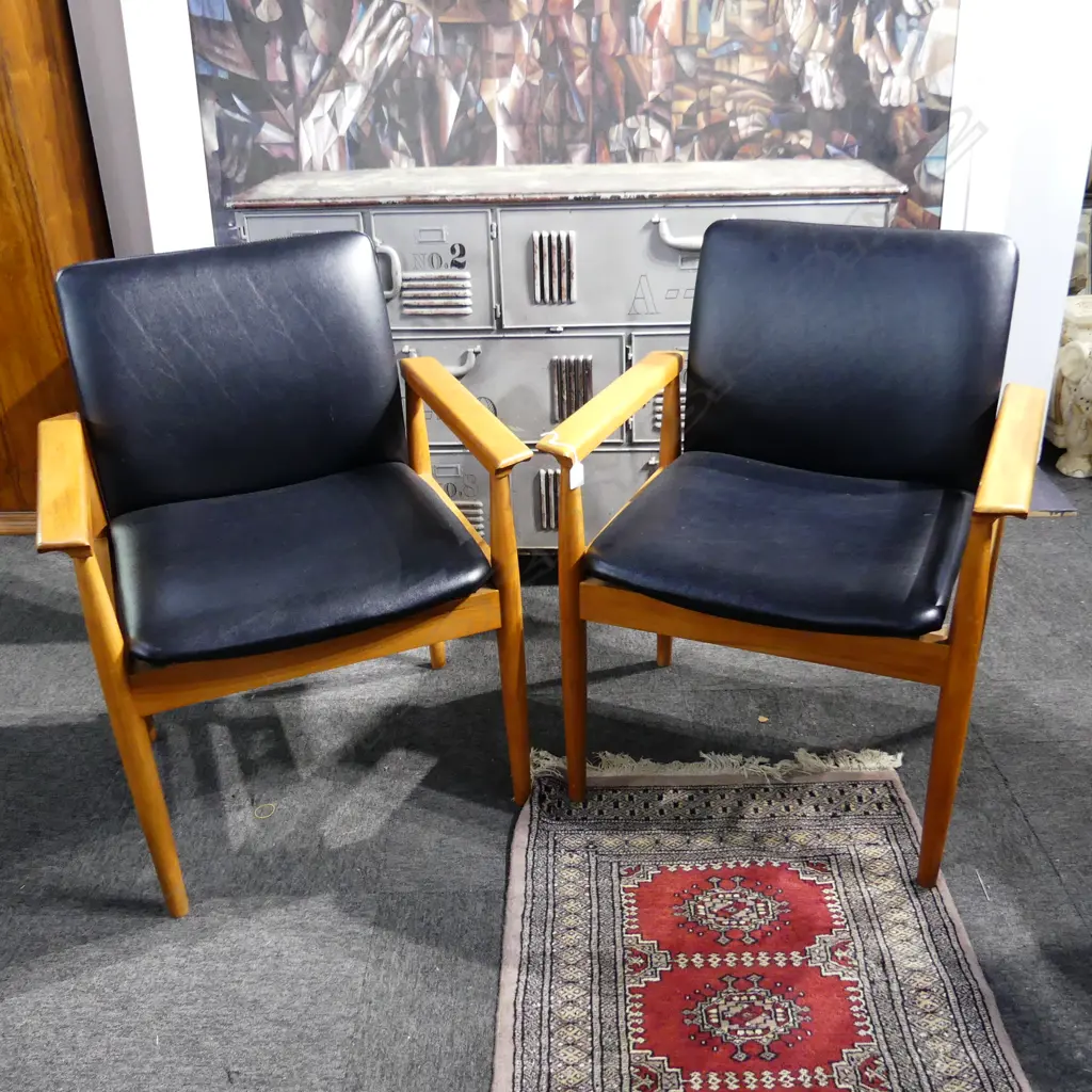 PR REPLICA FINN JUHL DIPLOMAT STYLE ARMCHAIRS - BLACK VINYL UPHOLSTERY Image 1++