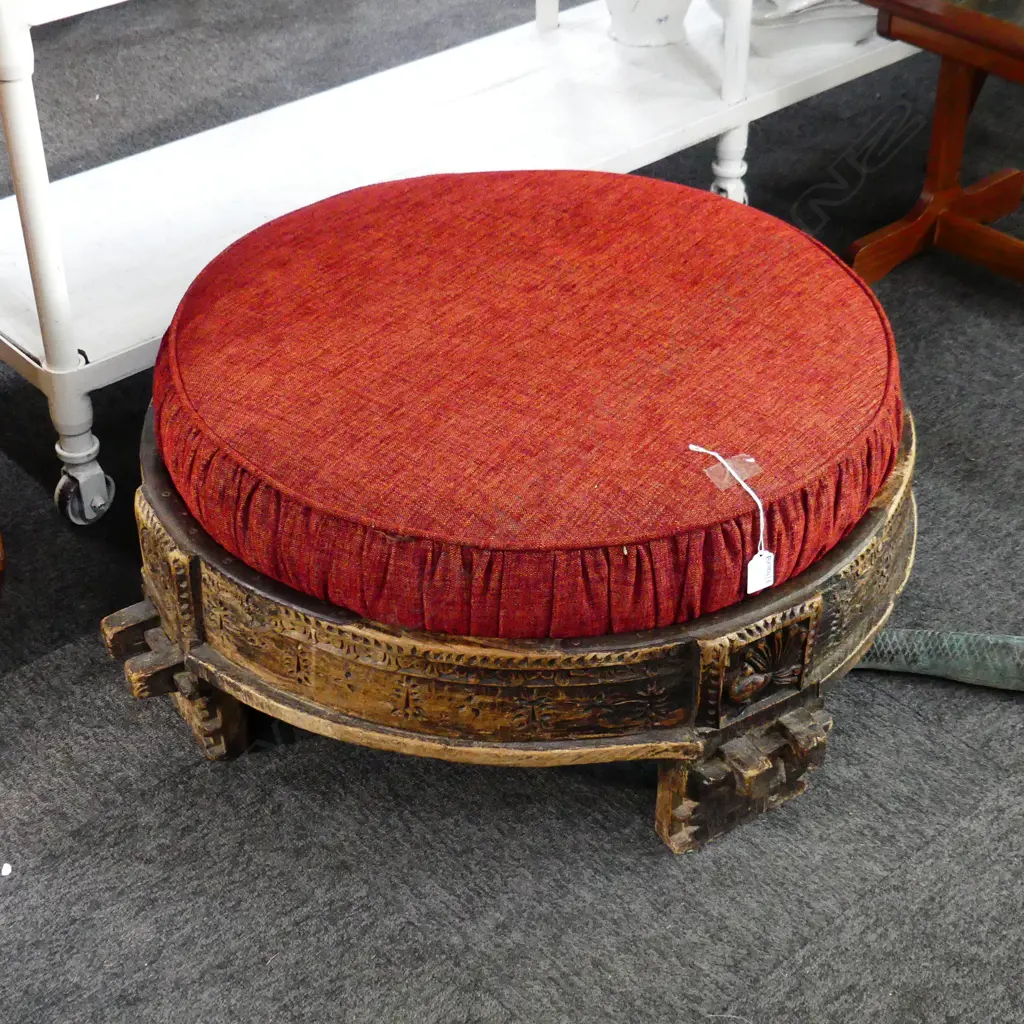 INDIAN OTTOMAN - CARVED WOODEN BASE, RED CUSHION 700mm dia Image 1++