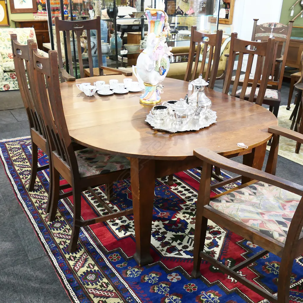 EARLY 20thC OAK DINING TABLE w. 1 LEAF + 6 SLAT BACK DINING CHAIRS (2 CARVERS) Image 1++