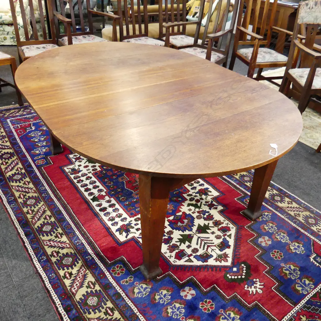 EARLY 20thC OAK DINING TABLE w. 1 LEAF + 6 SLAT BACK DINING CHAIRS (2 CARVERS) Image 1++
