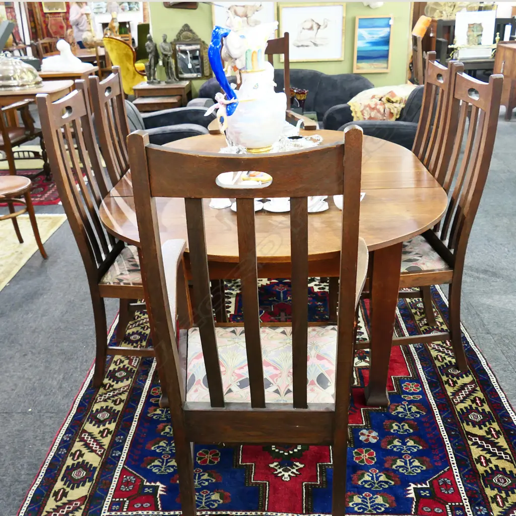 EARLY 20thC OAK DINING TABLE w. 1 LEAF + 6 SLAT BACK DINING CHAIRS (2 CARVERS) Image 1++
