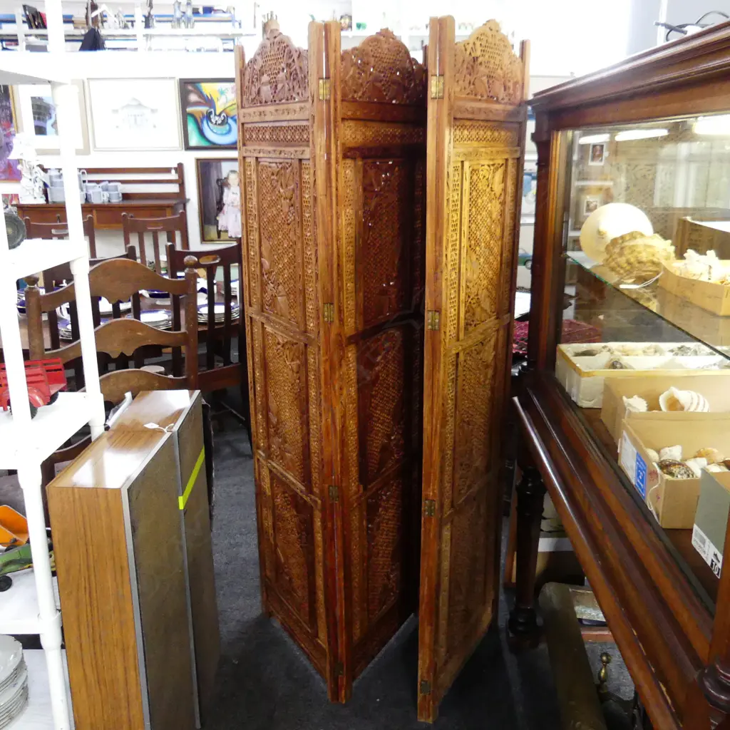 CARVED WOODEN 4 PANEL SCREEN 510x1840mm Image 1++