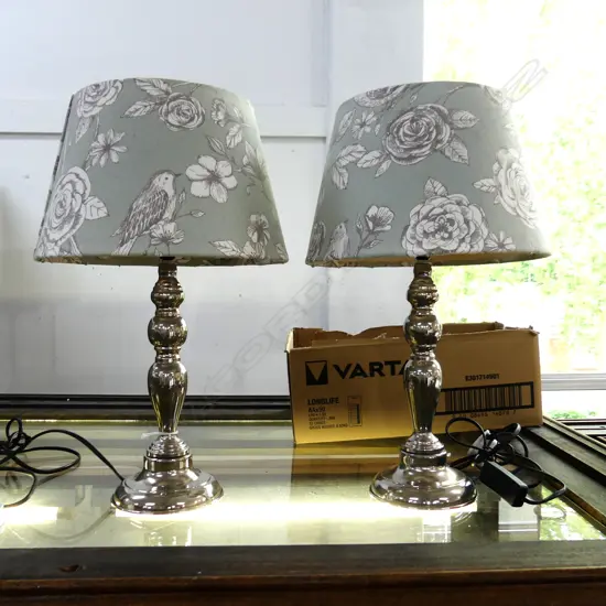 PR SILVER METAL LAMPS w. GREEN FLORAL SHADES H.455mm