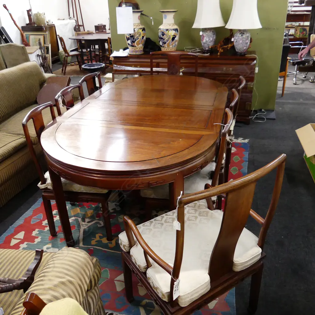 CHINESE ROSEWOOD DINING TABLE w. 2 LEAVES & 8 CHAIRS 2050x1170mm Image 1++