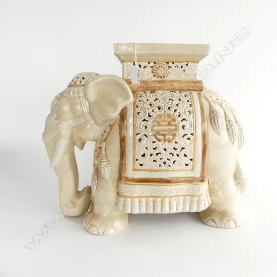 POTTERY PALE GLAZED CEREMONIAL ELEPHANT IN REFINERY L.480mm