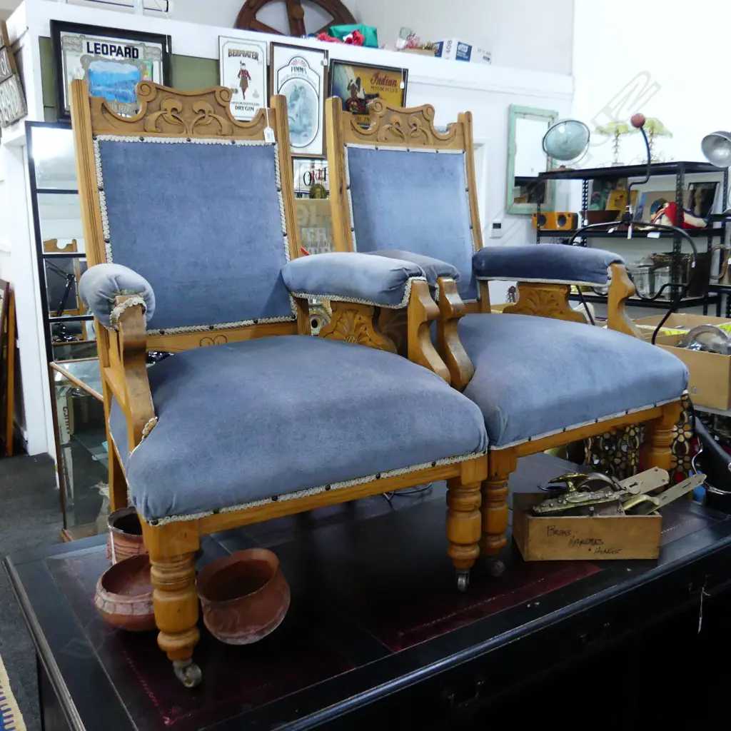 PAIR COLONIAL ART NOUVEAU CARVED RIMU GRANDFATHER CHAIR BLUE VELVET Image 1++